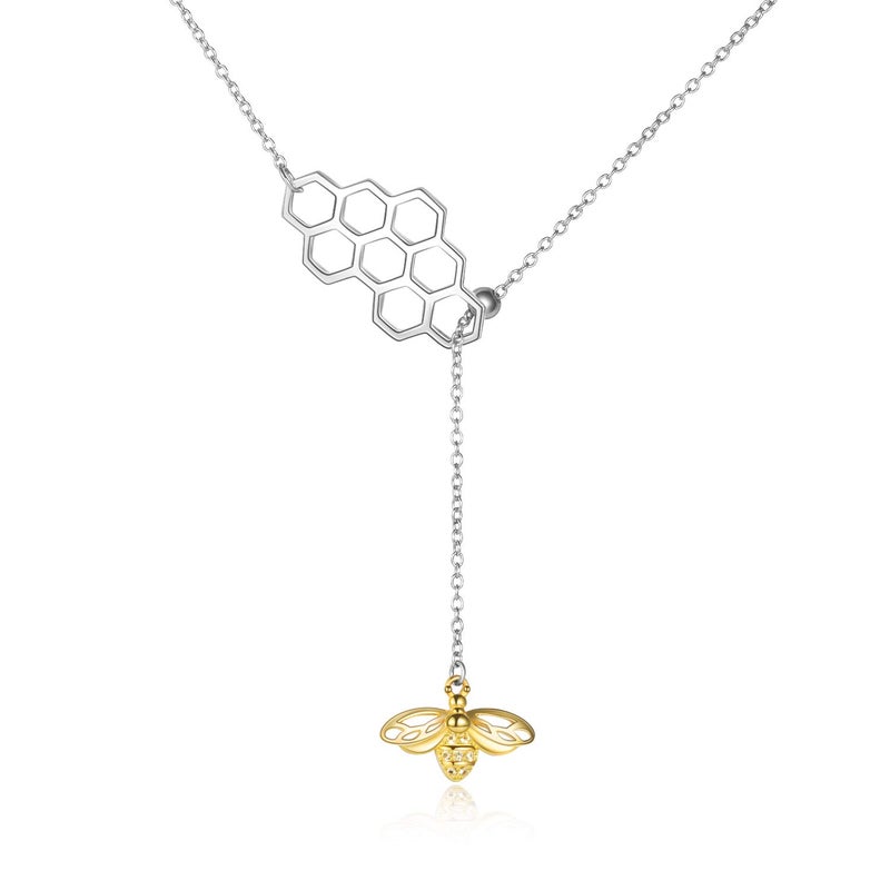 LUHE Bee Necklace Gifts Jewelry for Women Her Sterling Silver Gold Plated Geometric Honeycomb Bumble Bee Y-Necklace Beehive and Bee Pendant Necklace - Image 1